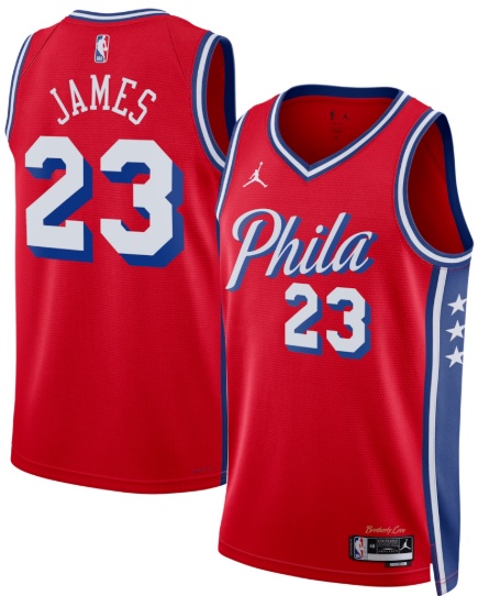 Men's Philadelphia 76ers #23 LeBron James Red 2026 Statement Edition Stitched Jersey