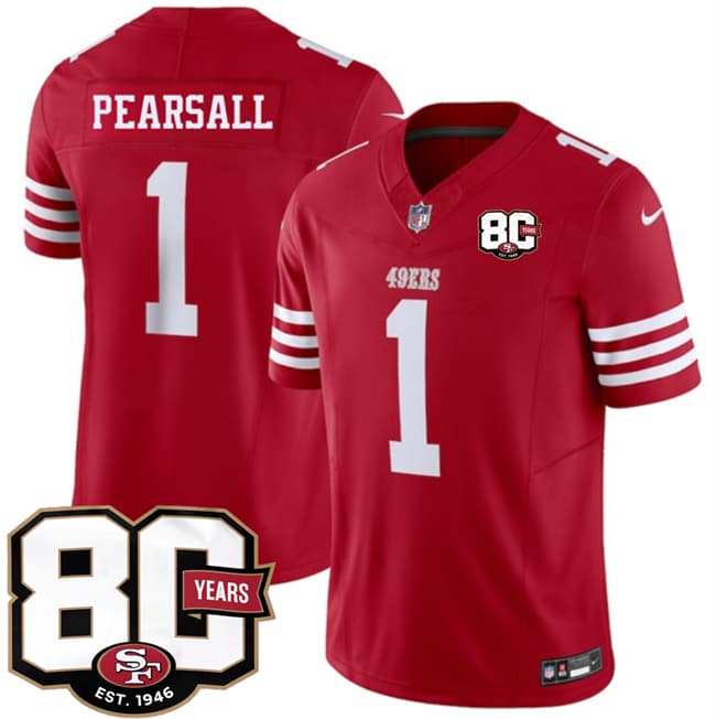 Men's San Francisco 49ers #1 Ricky Pearsall Red 80th Anniversary Patch 2026 F.U.S.E. Vapor Untouchable Limited Football Stitched Jersey