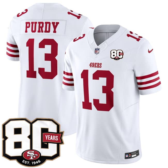 Men's San Francisco 49ers #13 Brock Purdy White 80th Anniversary Patch 2026 F.U.S.E. Vapor Untouchable Limited Football Stitched Jersey