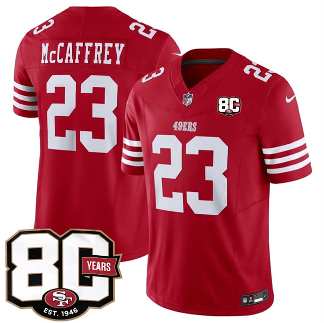 Men's San Francisco 49ers #23 Christian McCaffrey Red 80th Anniversary Patch 2026 F.U.S.E. Vapor Untouchable Limited Football Stitched Jersey