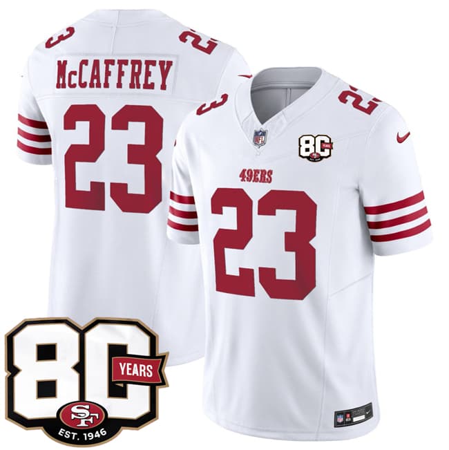Men's San Francisco 49ers #23 Christian McCaffrey White 80th Anniversary Patch 2026 F.U.S.E. Vapor Untouchable Limited Football Stitched Jersey