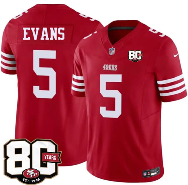 Men's San Francisco 49ers #5 Mike Evans Red 80th Anniversary Patch 2026 F.U.S.E. Vapor Untouchable Limited Football Stitched Jersey