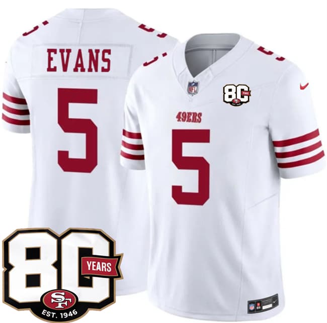 Men's San Francisco 49ers #5 Mike Evans White 80th Anniversary Patch 2026 F.U.S.E. Vapor Untouchable Limited Football Stitched Jersey