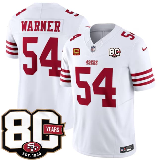 Men's San Francisco 49ers #54 Fred Warner White 80th Anniversary Patch And 4-Star C Patch 2026 F.U.S.E. Vapor Untouchable Limited Football Stitched Jersey