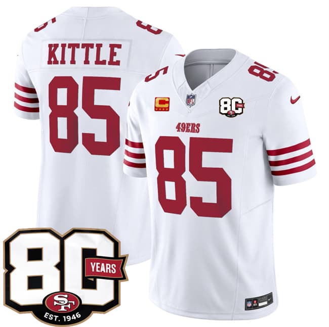 Men's San Francisco 49ers #85 George kittle White 80th Anniversary Patch And 4-Star C Patch 2026 F.U.S.E. Vapor Untouchable Limited Football Stitched Jersey