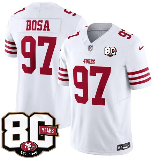 Men's San Francisco 49ers #97 Nick Bosa White 80th Anniversary Patch 2026 F.U.S.E. Vapor Untouchable Limited Football Stitched Jersey