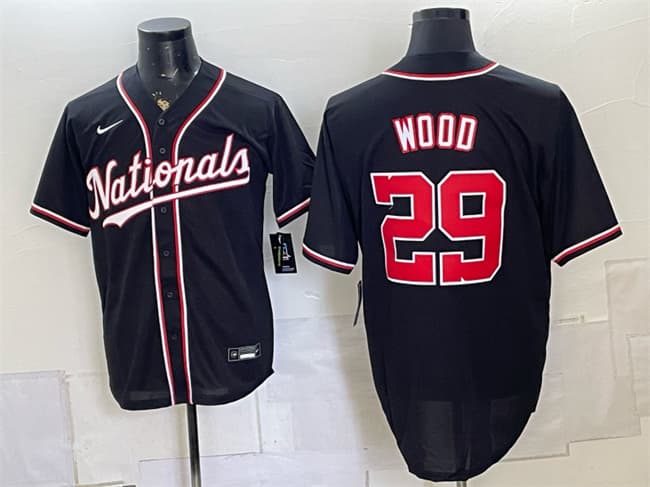 Men's Washington Nationals #29 James Wood 2026 Fashion Replica Black Out Stitched Baseball Jersey