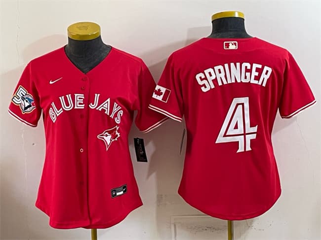 Youth Toronto Blue Jays #4 George Springer Red 50 Seasons Patch Stitched Baseball Jersey