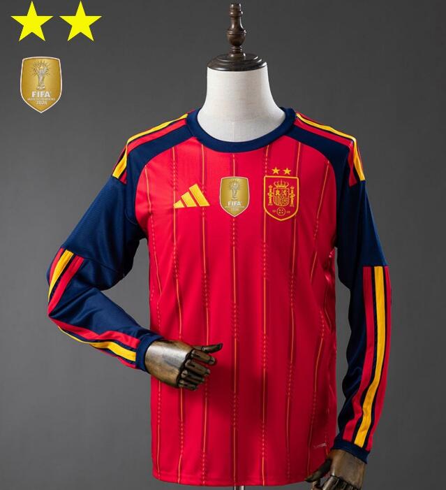 Men's 2 Stars With Gold Patch Spain 2026 World Cup Home Long Sleeve Soccer Jersey