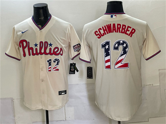 Men's Philadelphia Phillies #12 Kyle Schwarber Cream USA 250 Fourth of July Home Stitched Baseball Jersey