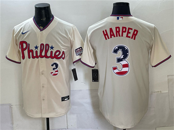 Men's Philadelphia Phillies #3 Bryce Harper Cream USA 250 Fourth of July Home Stitched Baseball Jersey