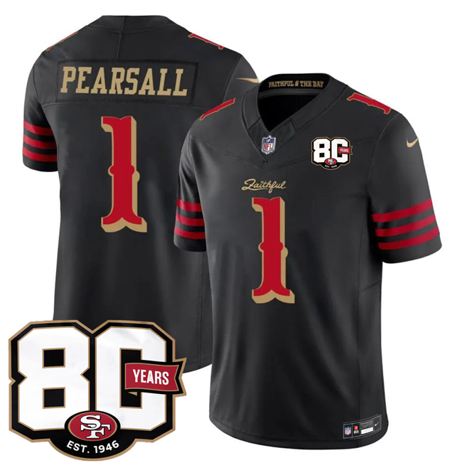 Men's San Francisco 49ers #1 Ricky Pearsall Black 80th Anniversary Patch “Rivalries” 2026 F.U.S.E. Vapor Untouchable Limited Football Stitched Jersey