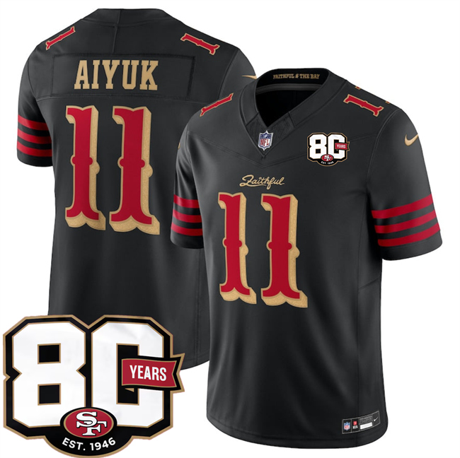 Men's San Francisco 49ers #11 Brandon Aiyuk Black 80th Anniversary Patch “Rivalries” 2026 F.U.S.E. Vapor Untouchable Limited Football Stitched Jersey