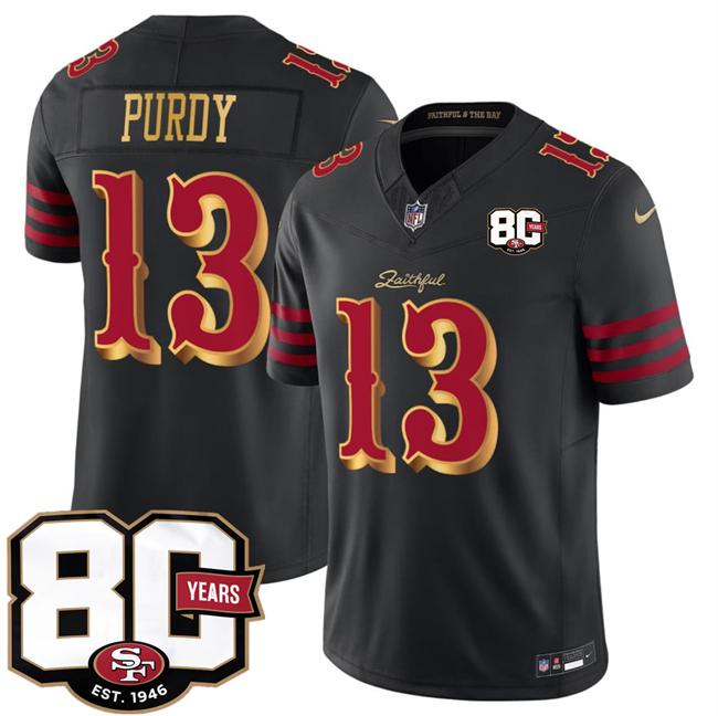Men's San Francisco 49ers #13 Brock Purdy Black 80th Anniversary Patch “Rivalries” 2026 F.U.S.E. Vapor Untouchable Limited Football Stitched Jersey