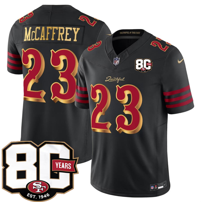 Men's San Francisco 49ers #23 Christian McCaffrey Black 80th Anniversary Patch “Rivalries” 2026 F.U.S.E. Vapor Untouchable Limited Football Stitched Jersey