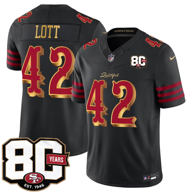 Men's San Francisco 49ers #42 Ronnie Lott Black 80th Anniversary Patch “Rivalries” 2026 F.U.S.E. Vapor Untouchable Limited Football Stitched Jersey