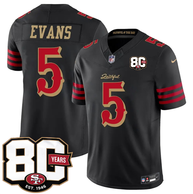 Men's San Francisco 49ers #5 Mike Evans Black 80th Anniversary Patch “Rivalries” 2026 F.U.S.E. Vapor Untouchable Limited Football Stitched Jersey