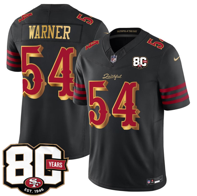 Men's San Francisco 49ers #54 Fred Warner Black 80th Anniversary Patch “Rivalries” 2026 F.U.S.E. Vapor Untouchable Limited Football Stitched Jersey