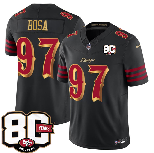 Men's San Francisco 49ers #97 Nick Bosa Black 80th Anniversary Patch “Rivalries” 2026 F.U.S.E. Vapor Untouchable Limited Football Stitched Jersey