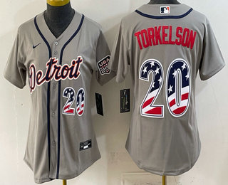 Women's Detroit Tigers #20 Spencer Torkelson Grey 2026 USA 250 Fourth of July Stitched Jersey