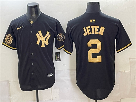 Men's New York Yankees #2 Derek Jeter Black Gold With Patch Stitched Baseball Jersey