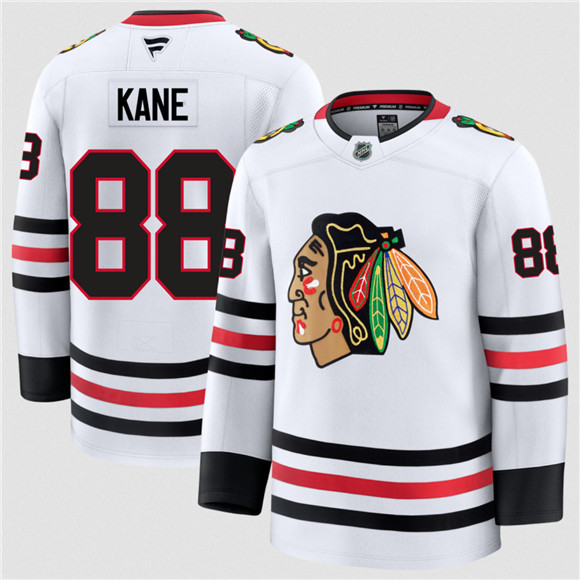 Men's Chicago Blackhawks #88 Patrick Kane White 2024-25 Away Stitched Hockey Jersey
