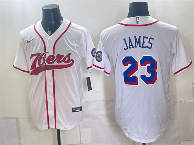 Men's Philadelphia 76ers #23 LeBron James White Cool Base Stitched Baseball Jersey