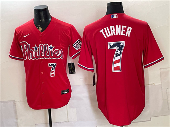 Men's Philadelphia Phillies #7 Trea Turner Red USA 250 Fourth of July Home Stitched Baseball Jersey
