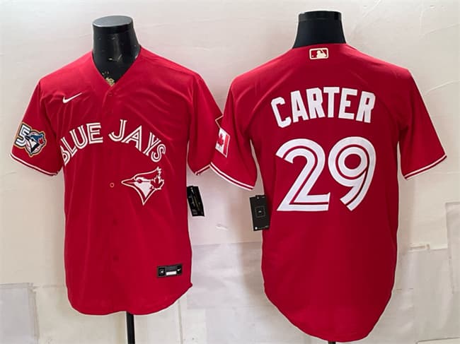Men's Toronto Blue Jays #29 Joe Carter Red 50 Seasons Patch Stitched Baseball Jersey