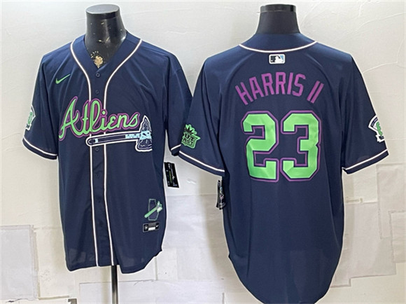 Men's Atlanta Braves #23 Michael Harris II Navy Galaxy With Outkast Patch Vapor Limited Stitched Baseball Jersey