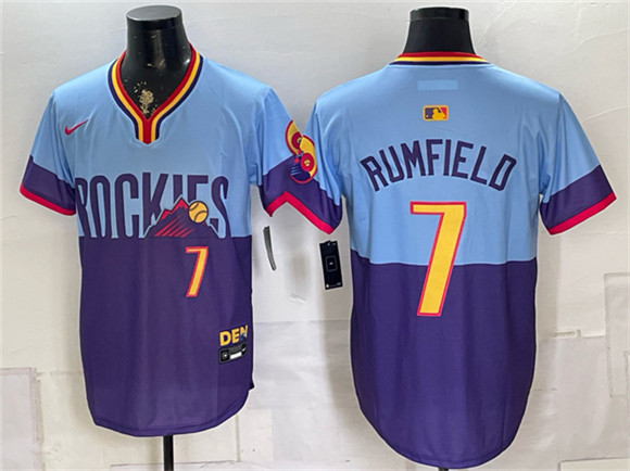 Men's Colorado Rockies #7 TJ Rumfield Purple Light Blue 2025 City Connect Limited Stitched Baseball Jersey