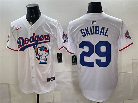 Men's Los Angeles Dodgers #29 Tarik Skubal White Hello Kitty Night 2025 World Series Champions Patch Limited Stitched Baseball Jersey