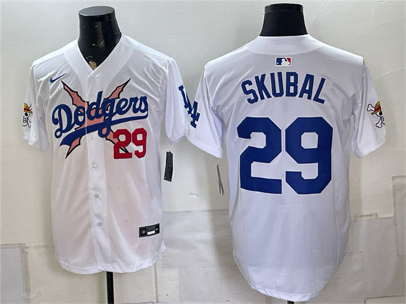 Men's Los Angeles Dodgers x One Piece #29 Tarik Skubal White Vapor Premier Limited Baseball Jersey