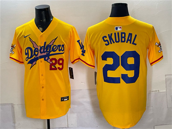 Men's Los Angeles Dodgers x One Piece #29 Tarik Skubal Yellow Vapor Premier Limited Baseball Jersey