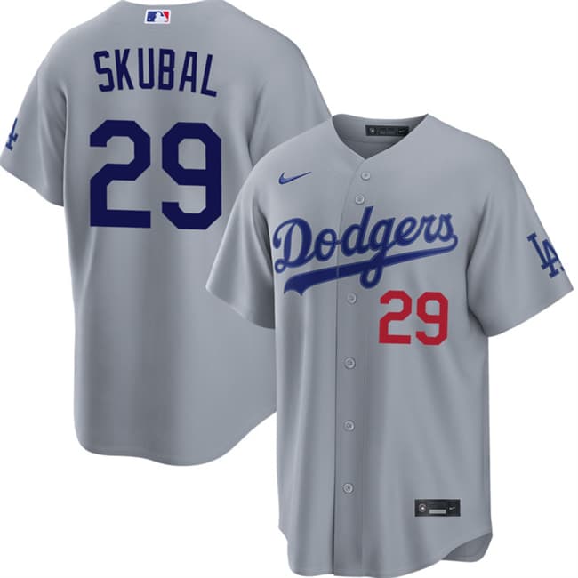 Mens Los Angeles Dodgers #29 Tarik Skubal Gray Cool Base Stitched Baseball Jersey
