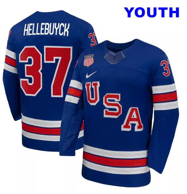 Youth Nike Team USA Blue Connor Hellebuyck #37 Replica 2026 Jersey