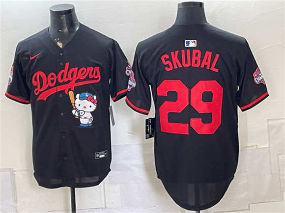 Men's Los Angeles Dodgers #29 Tarik Skubal Black Hello Kitty Night 2025 World Series Champions Patch Stitched Baseball Jersey