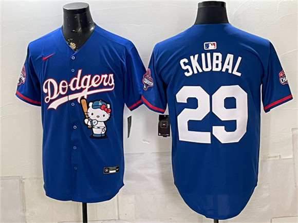Men's Los Angeles Dodgers #29 Tarik Skubal Royal Hello Kitty Night 2025 World Series Champions Patch Limited Stitched Baseball Jersey