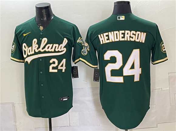 Men's Oakland Athletics #24 Rickey Henderson Green With Patch Stitched Jersey