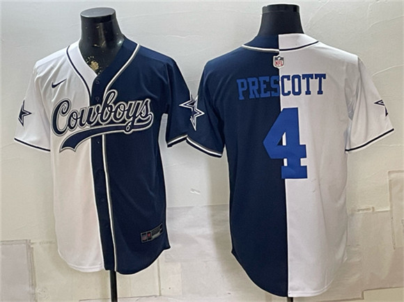 Men's Dallas Cowboys #4 Dak Prescott White Navy Split Stitched Jersey
