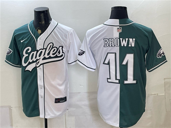 Men's Philadelphia Eagles #11 A.J. Brown Green White Split Stitched Jersey