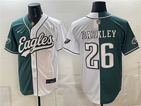 Men's Philadelphia Eagles #26 Saquon Barkley Green White Split Stitched Jersey