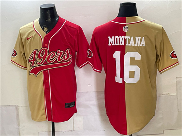 Men's San Francisco 49ers #16 Joe Montana Gold Red Split Stitched Jersey