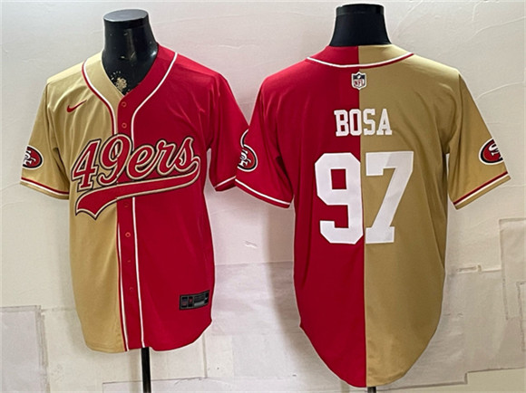 Men's San Francisco 49ers #97 Nick Bosa Gold Red Split Stitched Jersey