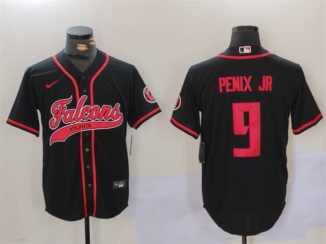 Men's Atlanta Falcons #9 Michael Penix Jr. Black With Patch Cool Base Stitched Baseball Jersey