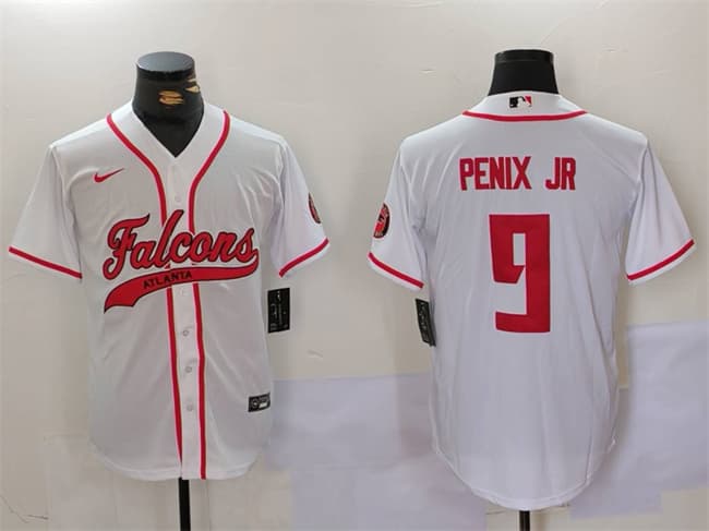 Men's Atlanta Falcons #9 Michael Penix Jr. White With Patch Cool Base Stitched Baseball Jersey