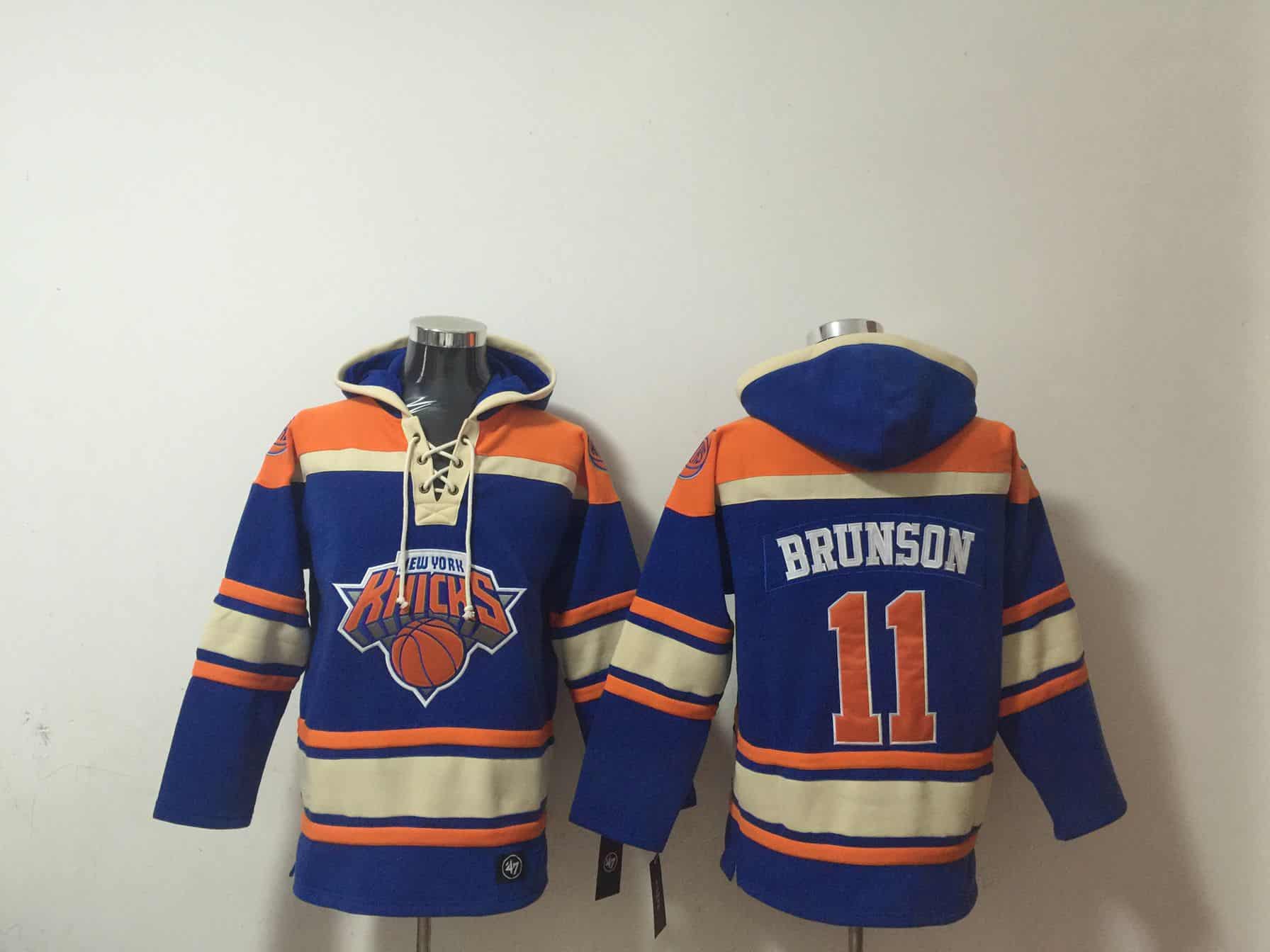Men's New Yok Knicks #11 Jalen Brunson Blue Lace-Up Pullover Hoodie