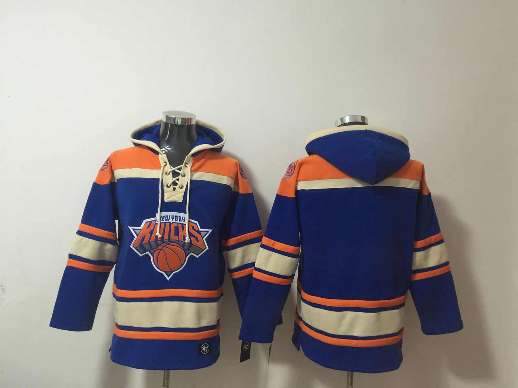 Men's New Yok Knicks Blank Blue Lace-Up Pullover Hoodie