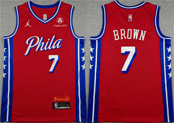 Men's Philadelphia 76ers #7 Jaylen Brown Red 2026 Statement Edition Stitched Jersey