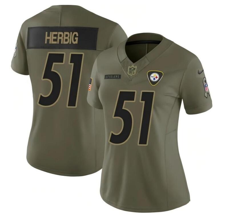 Women Pittsburgh Steelers #51 Nick Herbig Green Olive 2025 Salute to Service Limited Stitched Football Jersey
